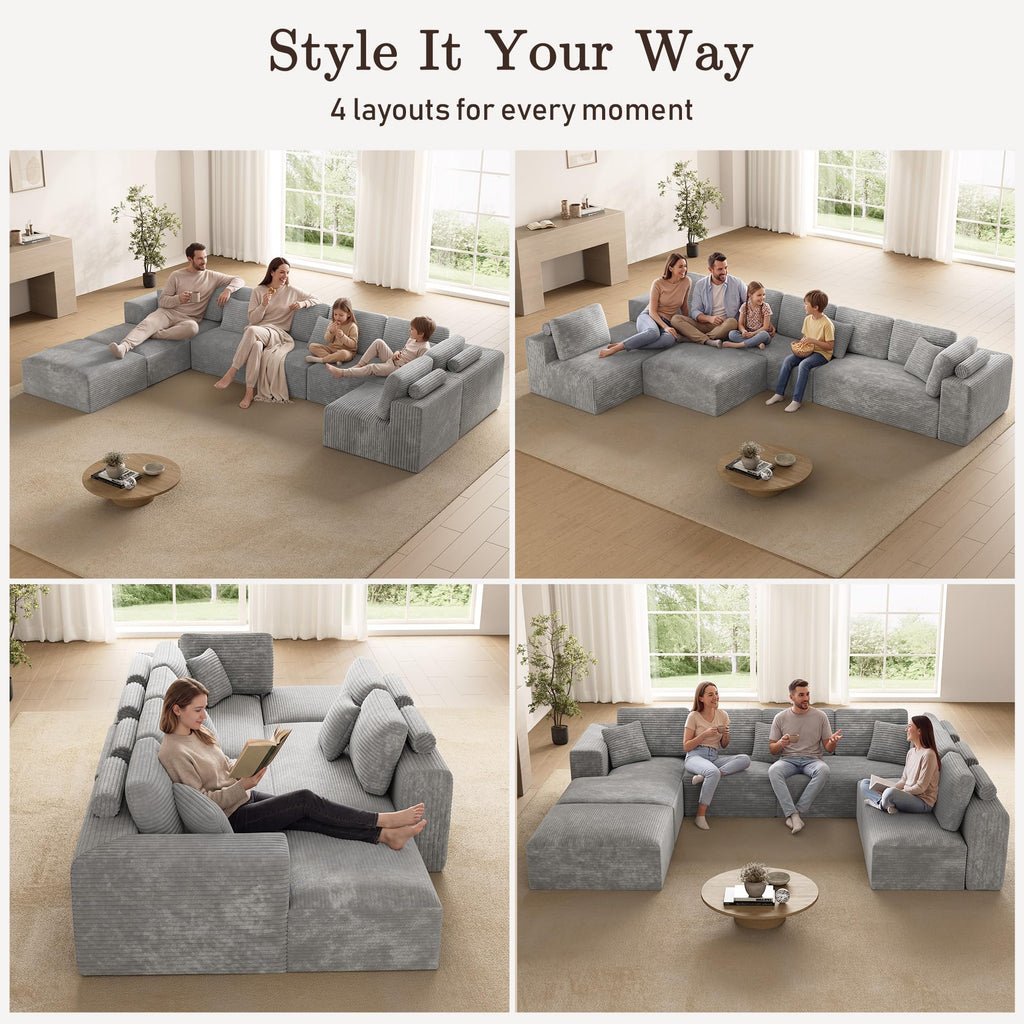 177" Modular Cloud Couch, 8 Seater Corduroy Sectional, Ottoman, Grey