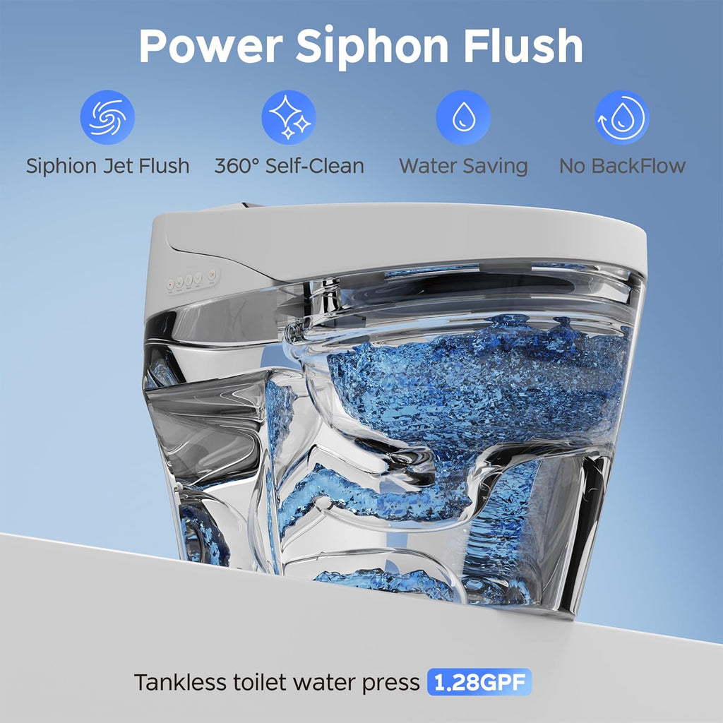 Smart Tankless Toilet with Built-In Bidet, Foam System, Foot Sensor Operation, Auto Open and Close Lid, Heated Seat, Multiple Wash Modes, Temperature Display