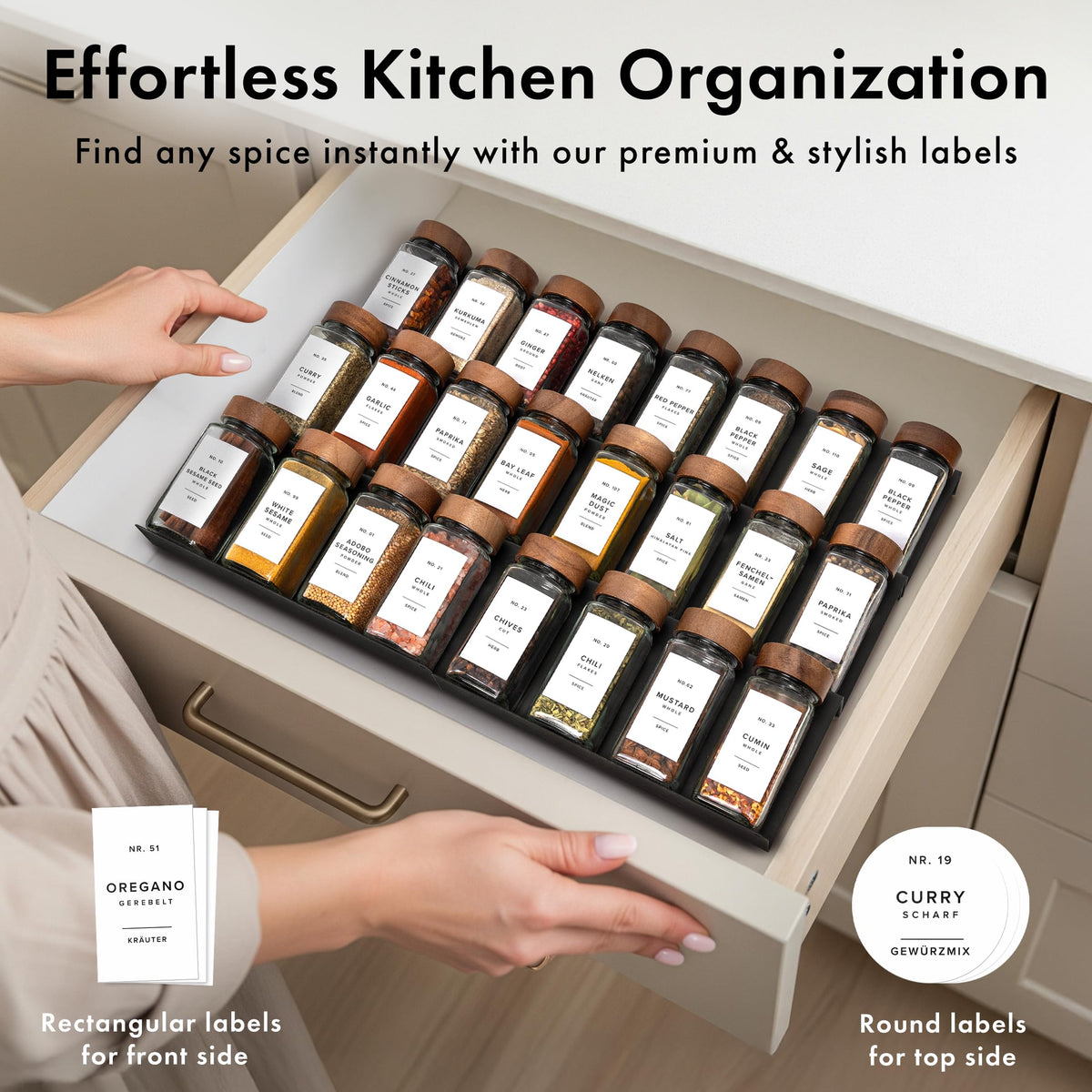 Glass Spice Jars with Label, 24x Acacia Wooden Lids - White Labels