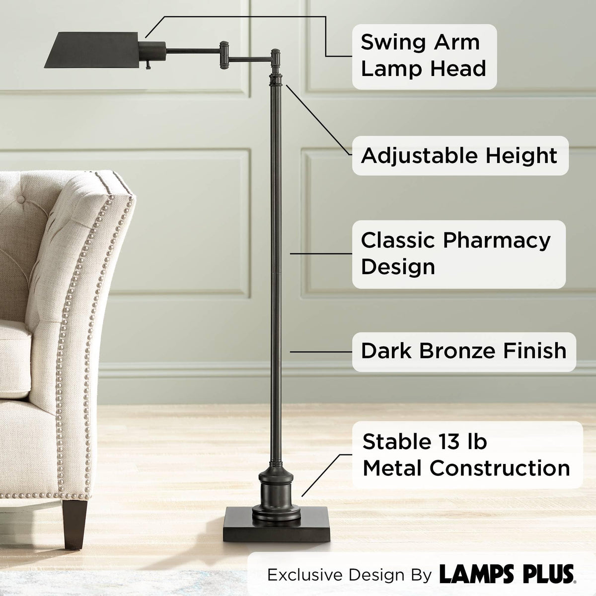 Jenson Adjustable Height Bronze Swing Arm Pharmacy 54" Tall Floor Lamp