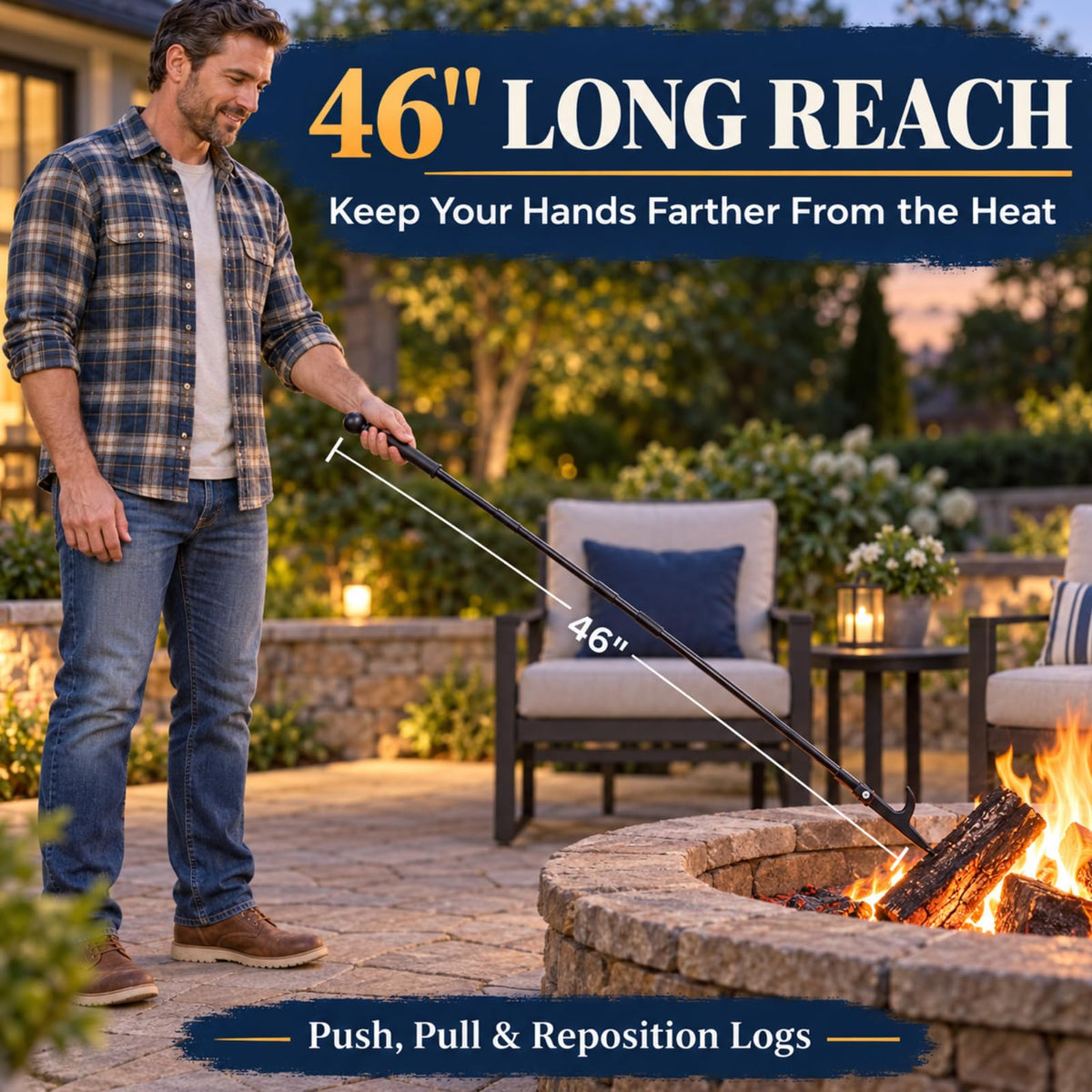 46" Fire Poker for Fire Pits, 16 mm Heavy Duty Steel Shaft, Metal Joints