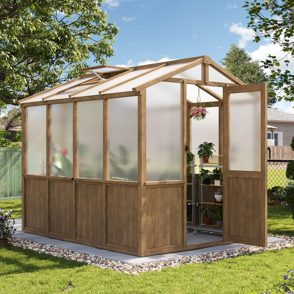 6x8 FT Wooden Greenhouse for Outdoors, 6MM Thick Polycarbonate Panel, Walk-in Green House Kit with Adjustable Roof