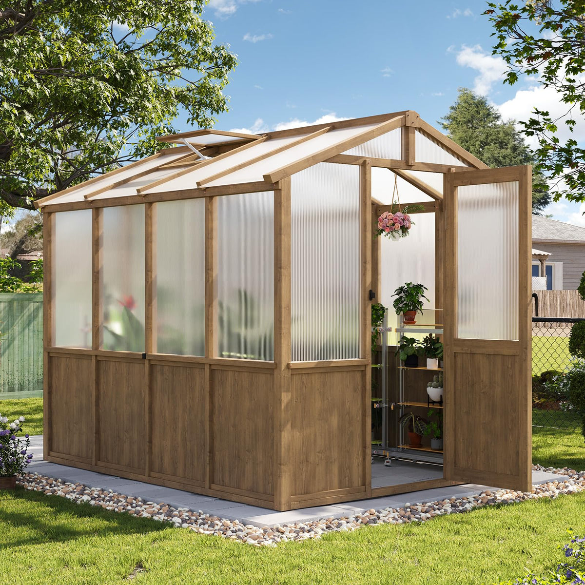 6x8 FT Wooden Greenhouse for Outdoors, 6MM Thick Polycarbonate Panel, Walk-in Green House Kit with Adjustable Roof