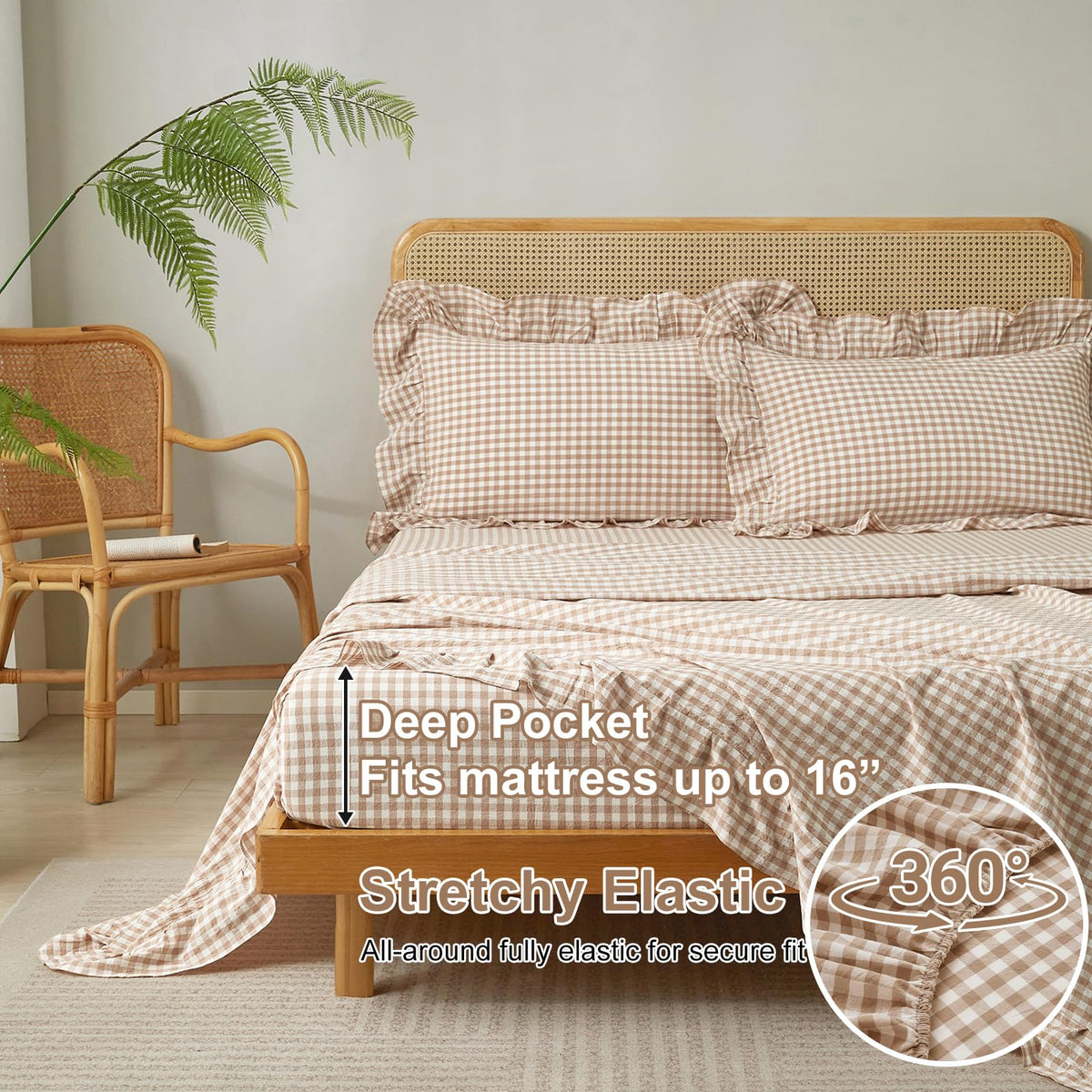 Tan Gingham Ruffle Sheets Set Boho Taupe Plaid Bed Sheets