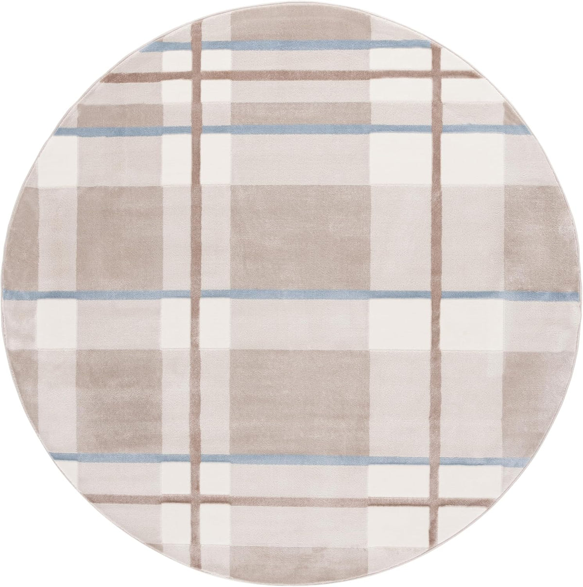 Groove Collection Area Rug - 7' Round, Beige & Light Blue, Plaid Design, Non-Shedding & Easy Care, Ideal for The