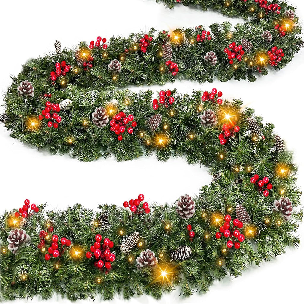 Timer & 8 Modes-9 Ft by 10 Inch Christmas Garland Decorations 50 Warm White Lights Lighted 270 Branch 70 Red Berries