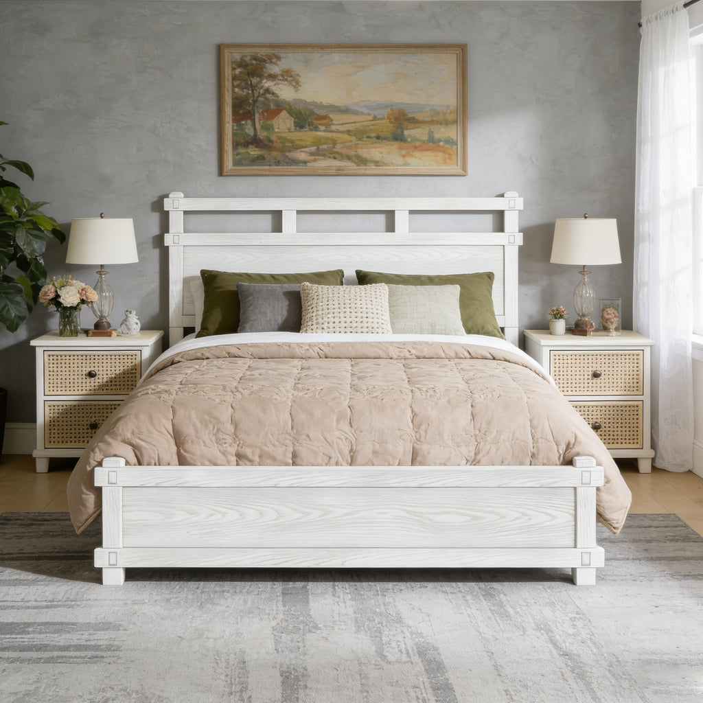 Laramie Farmhouse Bed Frame, Wooden Bed Frame with Two Tier Headboard and Wood Slat Support, Wood