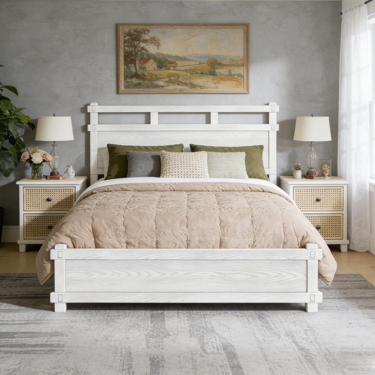Laramie Farmhouse Bed Frame, Wooden Bed Frame with Two Tier Headboard and Wood Slat Support, Wood