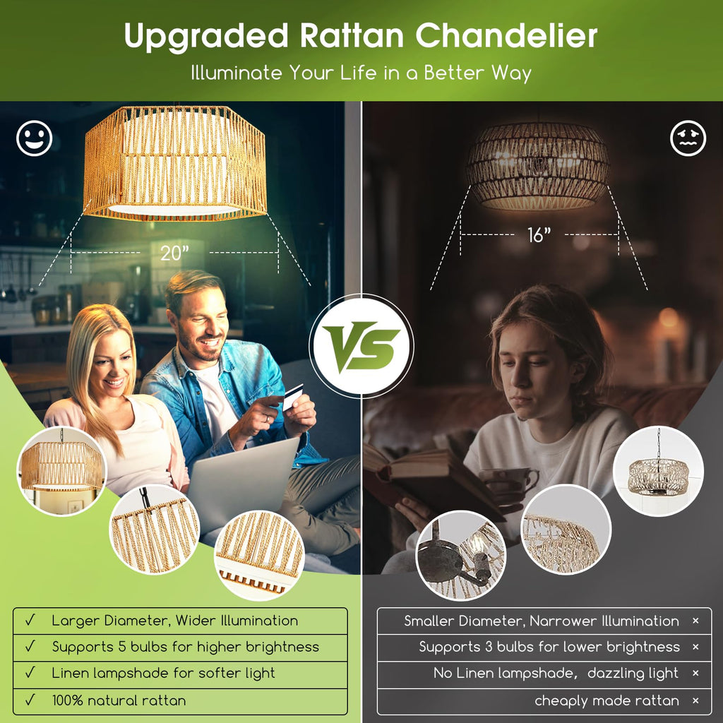 5-Lights Boho Rattan Chandelier 19" Farmhouse Chandelier
