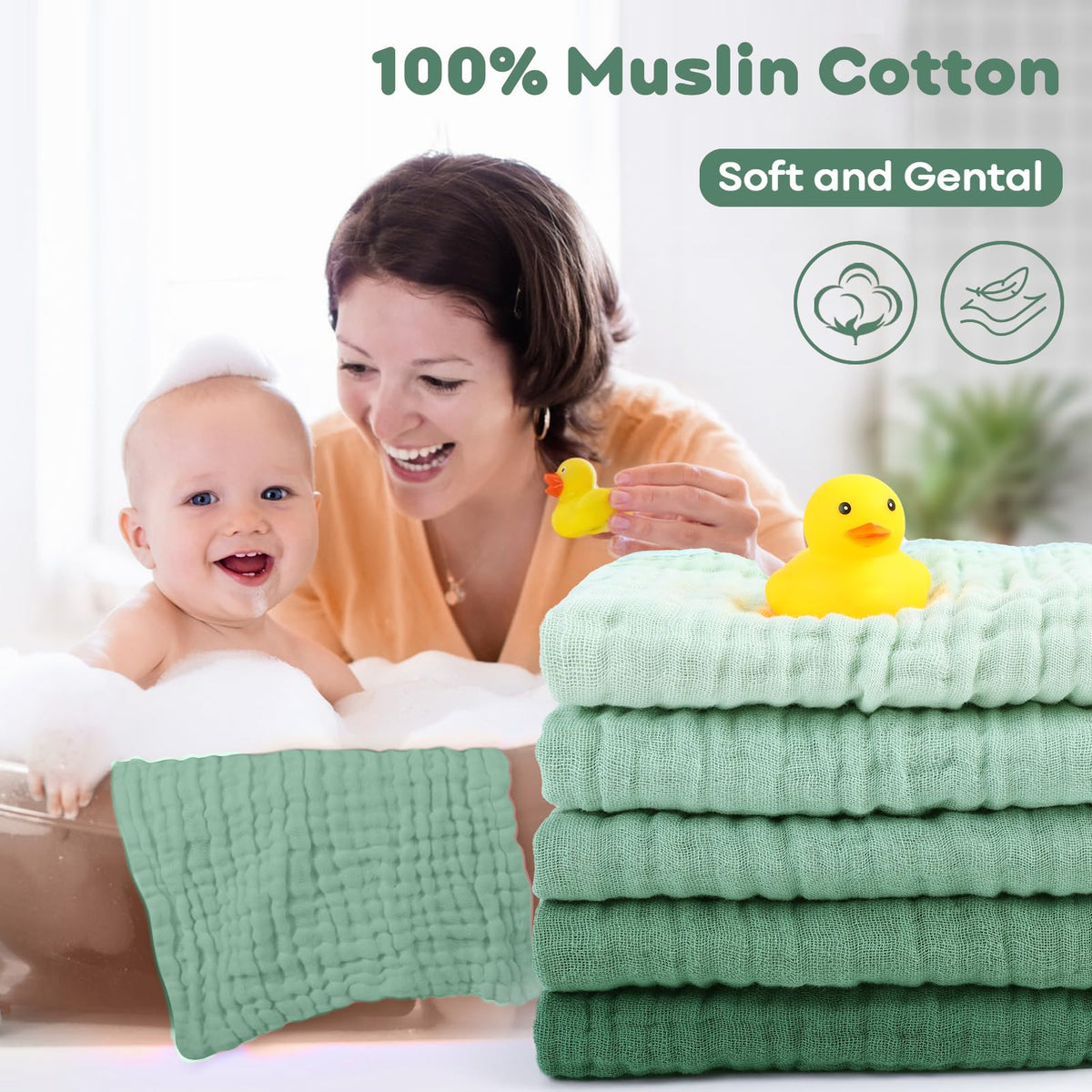 Muslin Baby Washcloths 100% Organic Cotton Face Towels 10 Pack Wash Cloths for Baby 12x12in Soft and Absorbent Baby