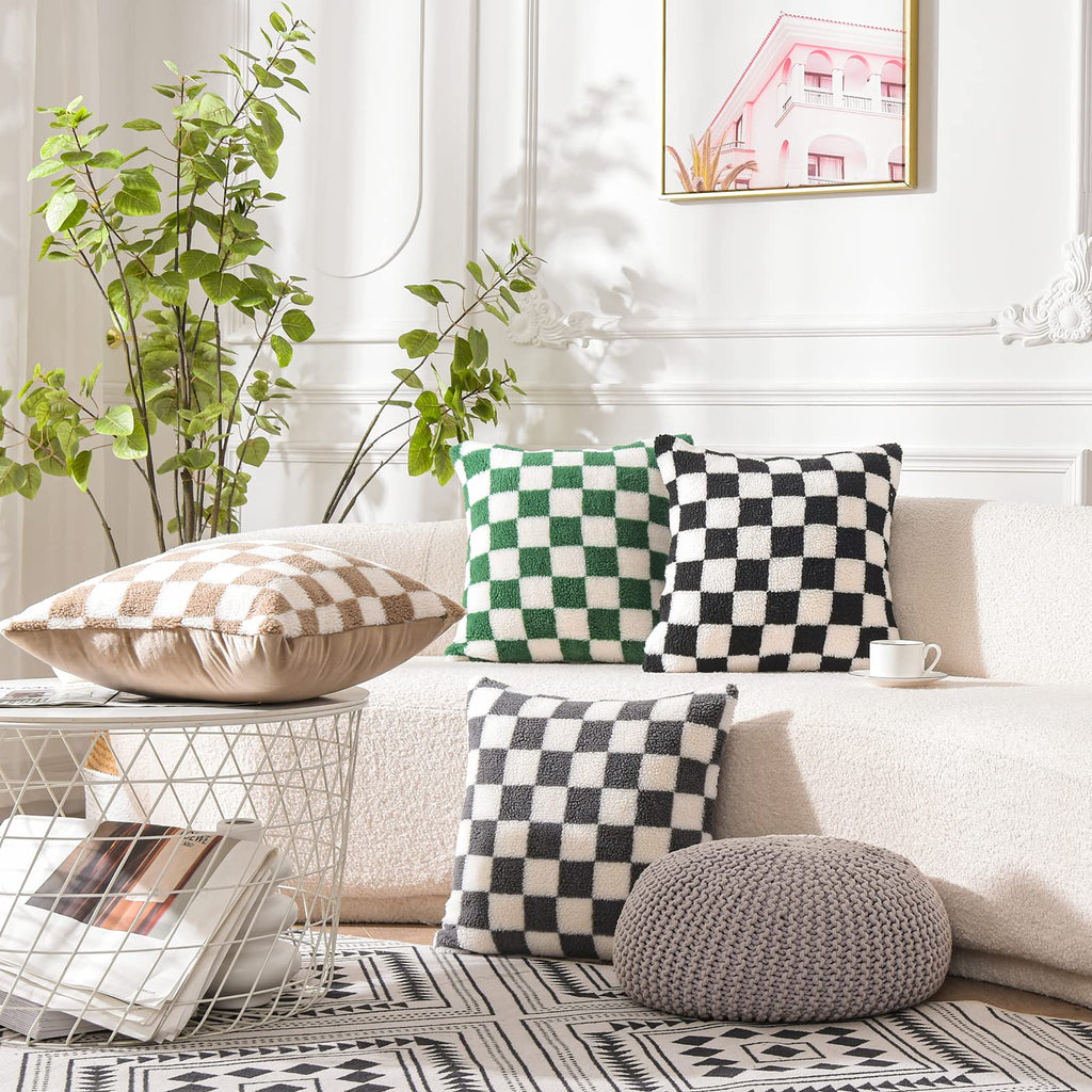 Decorative Throw Pillow Covers - Soft Sherpa Checkerboard Cushion Covers Faux Fur Pillow Cases for Sofa Bedroom