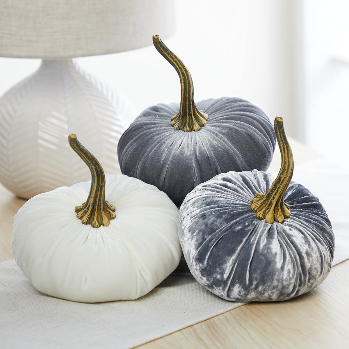 Set of 3 Velvet 6.25 Inch Pumpkins, silver platinumn accent decor, elegant luxe tablescape, tiered tray decor, cozy