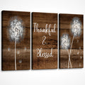 Thankful & Blessed Dandelion Framed 3‐Piece Canvas Wall Art, Rustic Wooden Plank Background Floral Typography Canvas