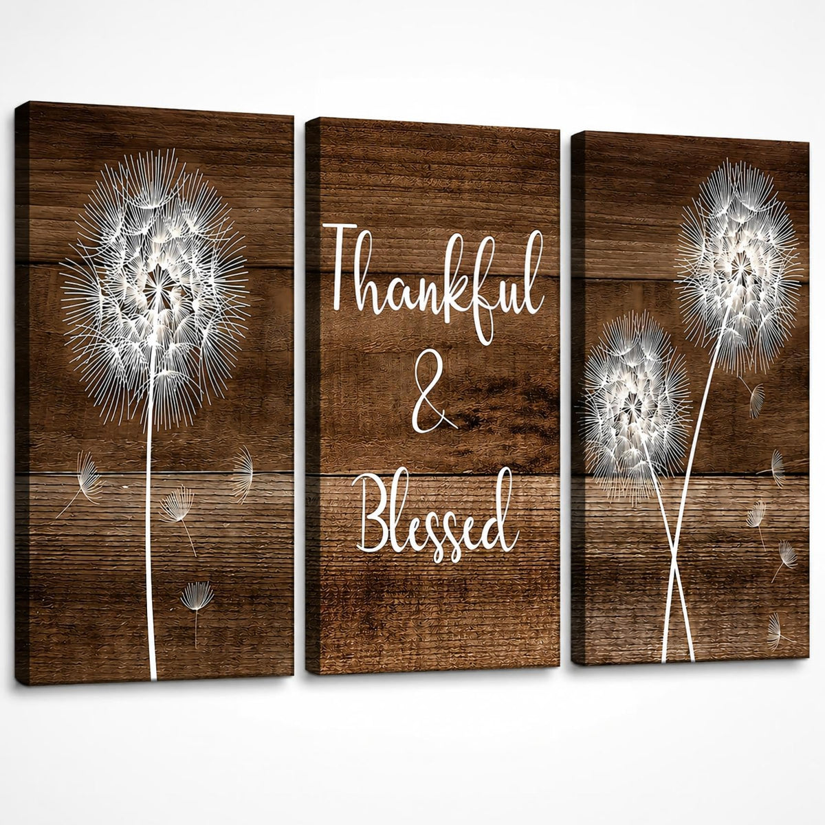Thankful & Blessed Dandelion Framed 3‐Piece Canvas Wall Art, Rustic Wooden Plank Background Floral Typography Canvas