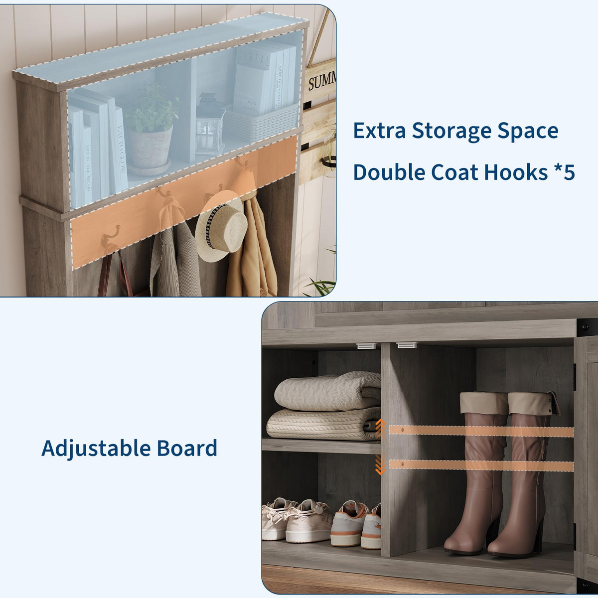 Farmhouse Hall Tree, Entryway Coat Rack with Closed Shoe Cabinet