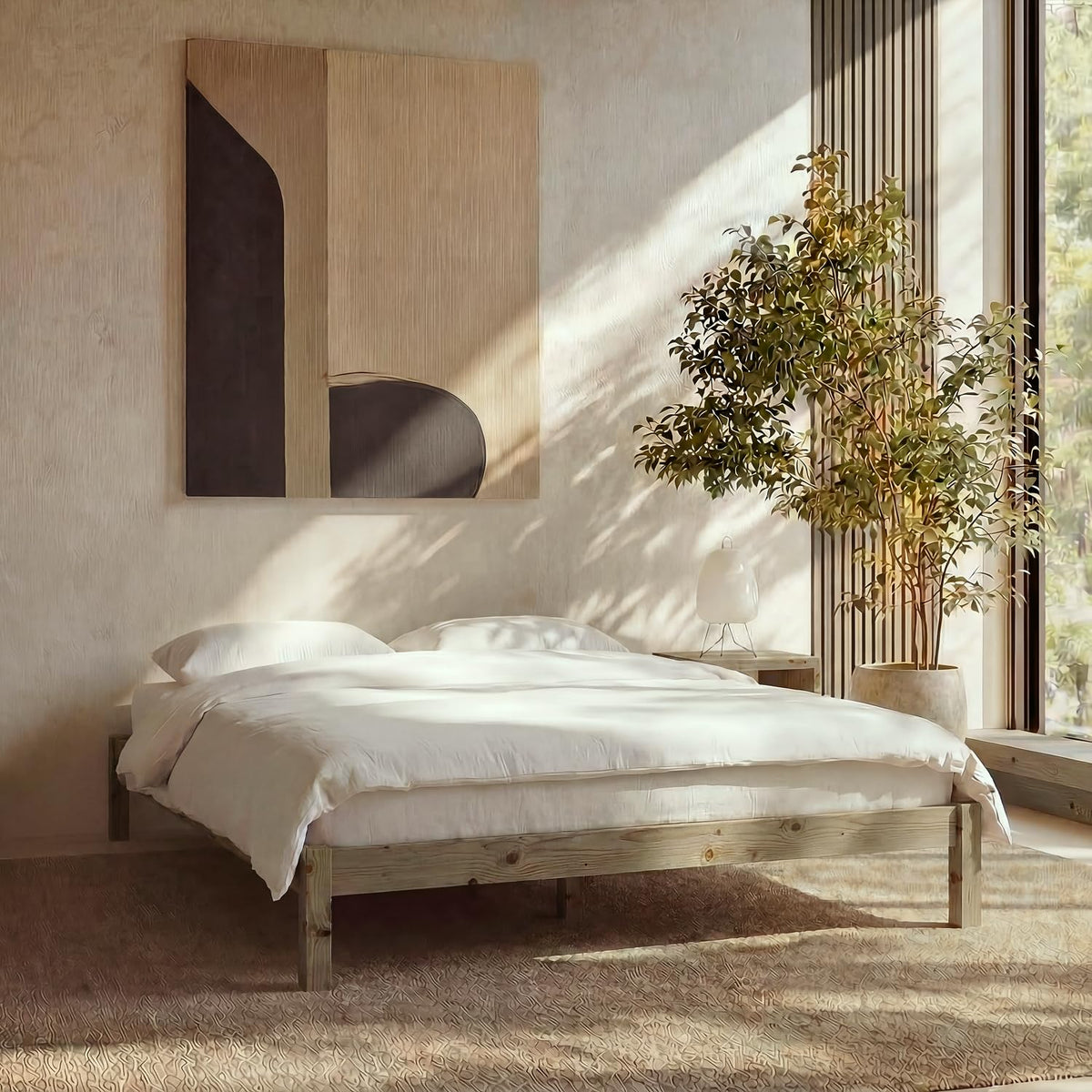 Queen Bed Frame Classic Solid Pine Wood Platform, Noise Free, Under Bed Storage, No Box Spring Needed, Easy Assembly