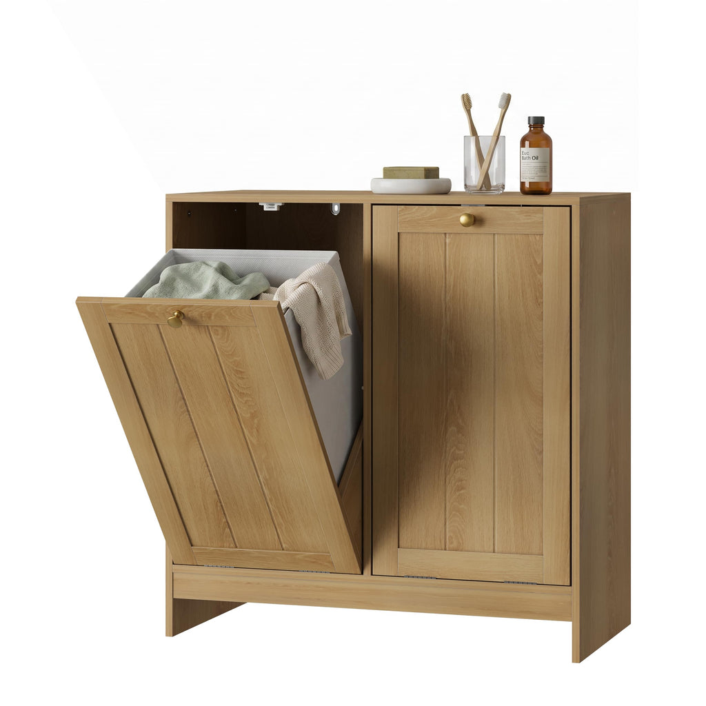 Double Tilt Out Laundry Hamper Cabinet, Small Hidden Trash Cabinets with 2 Baskets , Freestanding Bathroom Storage