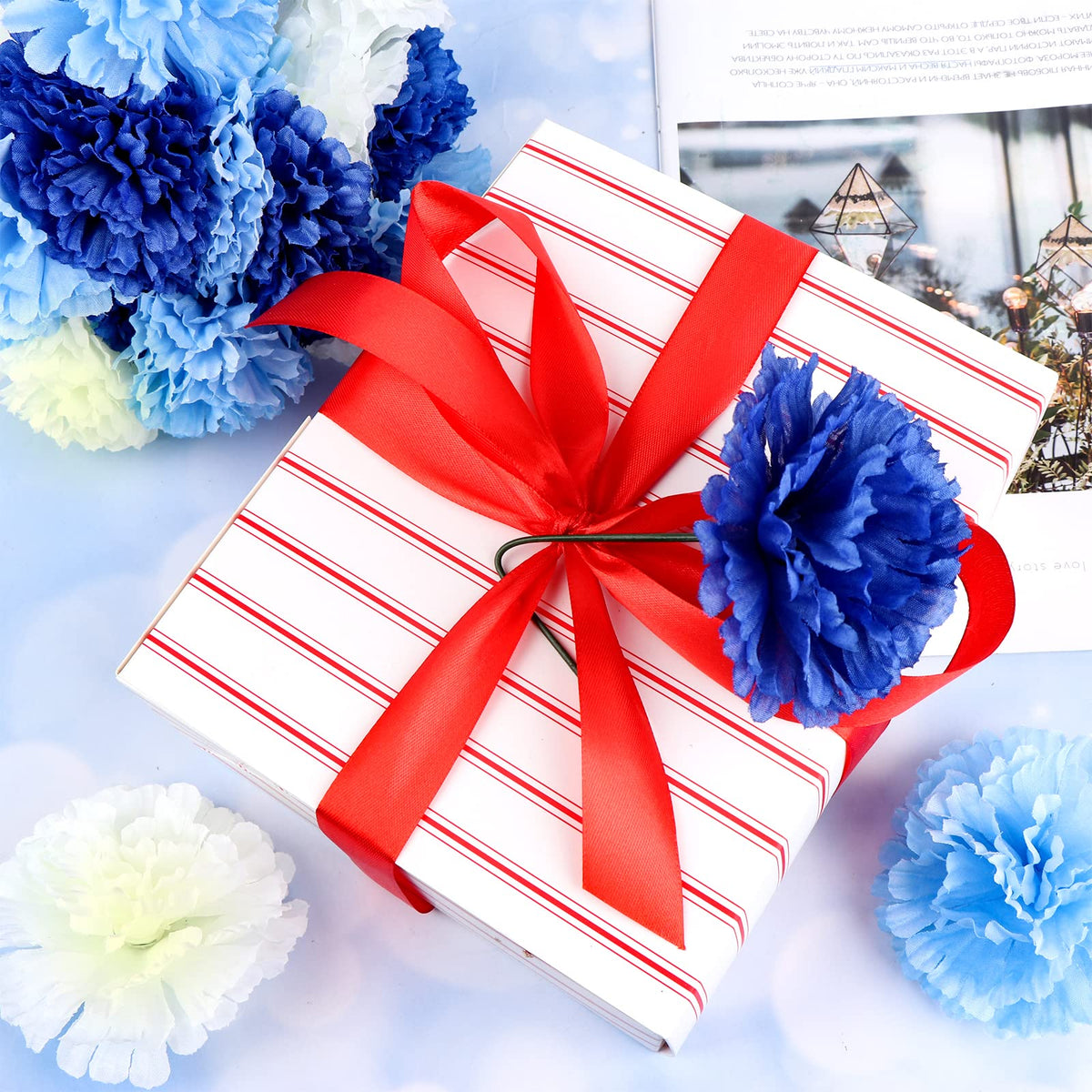 120 Pack Artificial Carnations with Stems Leaves Eternal Blossom Silk Carnation Flower Artificial Pom Pom Mini
