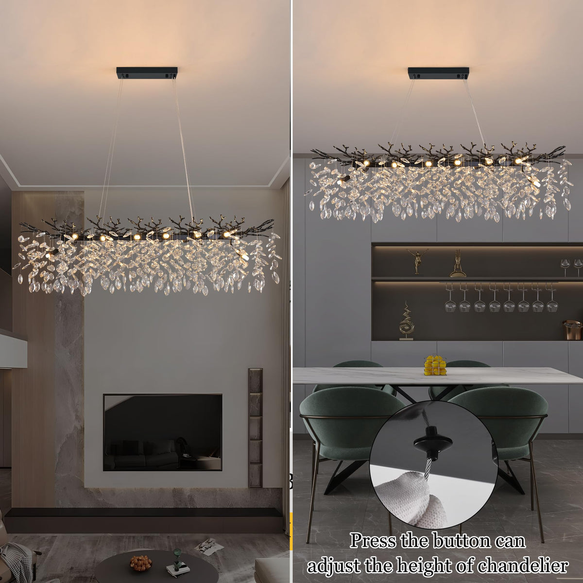 47.3" Black Modern Crystal Rectangular Raindrop Chandelier