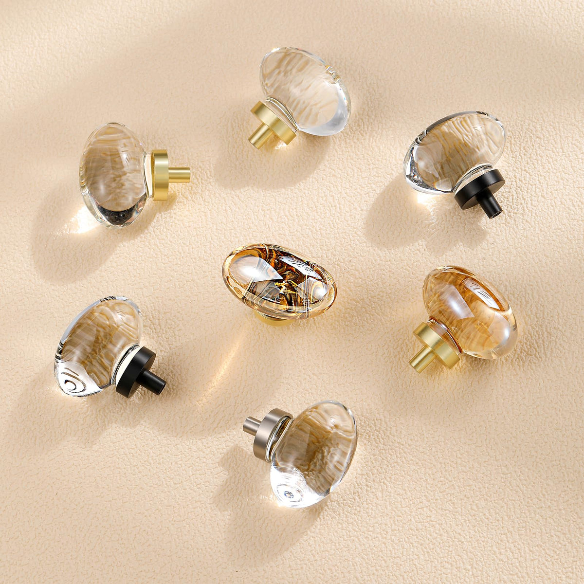 8 Pack Glass Cabinet Knobs and Pulls, Oval Crystal Knobs for Dresser Drawers, Matte Black Kitchen Cabinet Knobs Egg