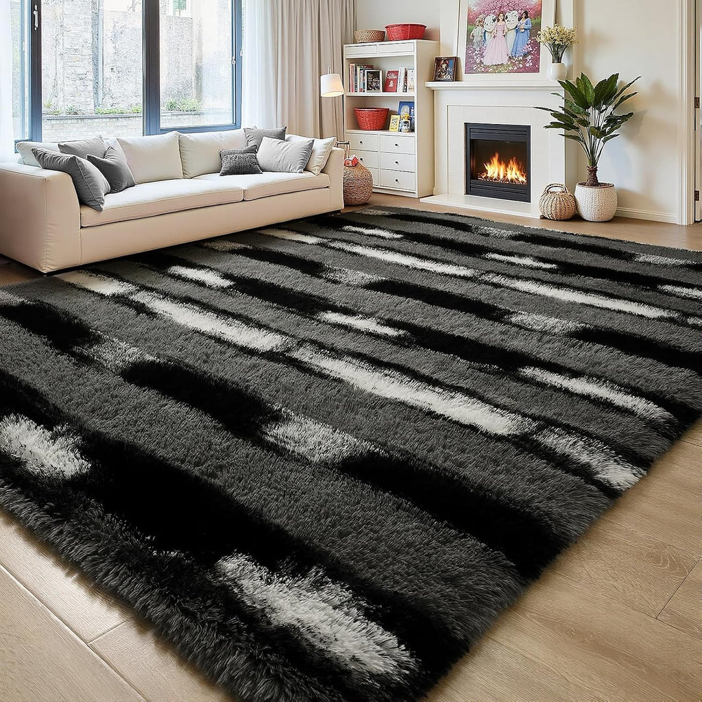 Fluffy Black and Grey Area Rug Striped