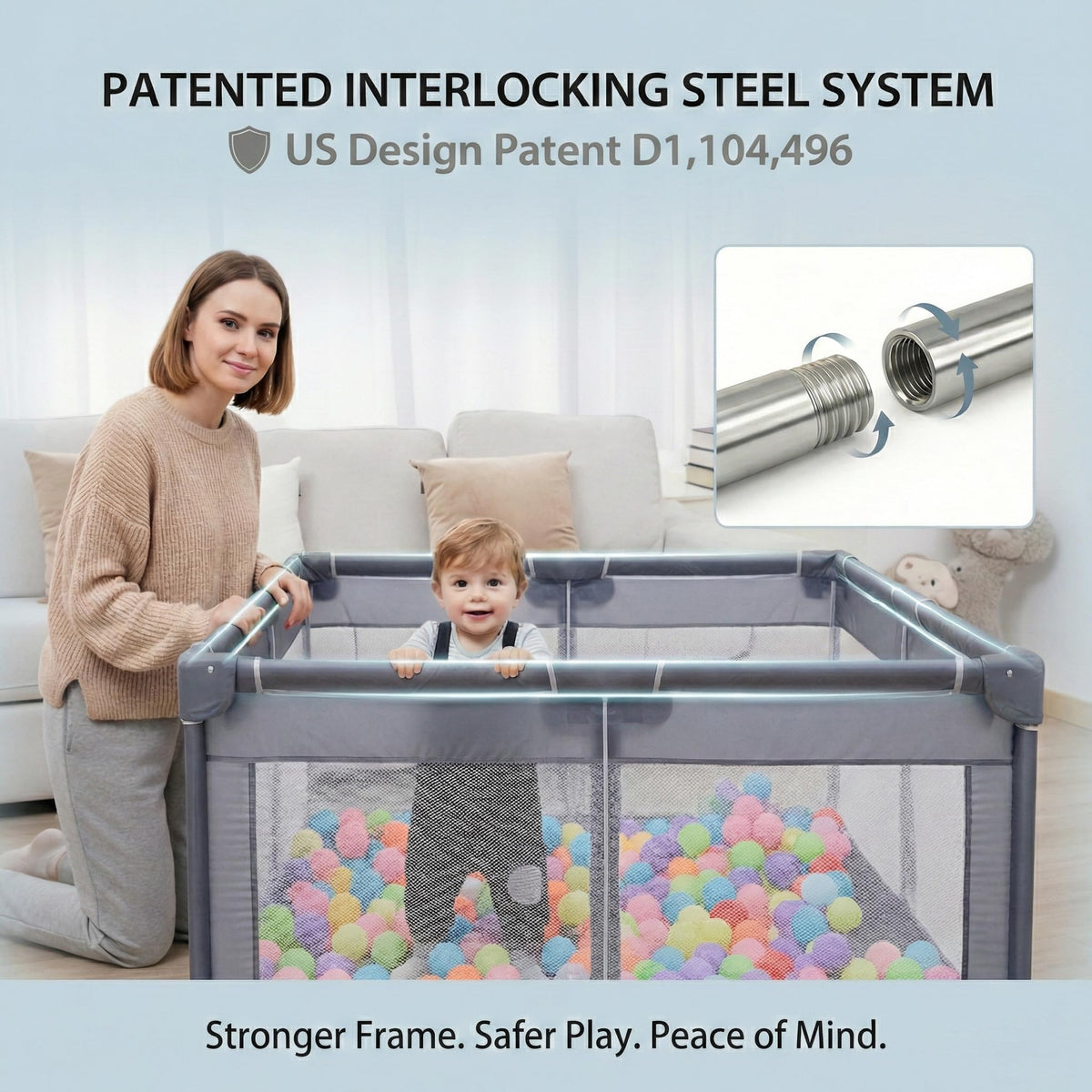 Baby Playpen 50x74, Large Baby Play Yard for Babies & Toddlers, Grey