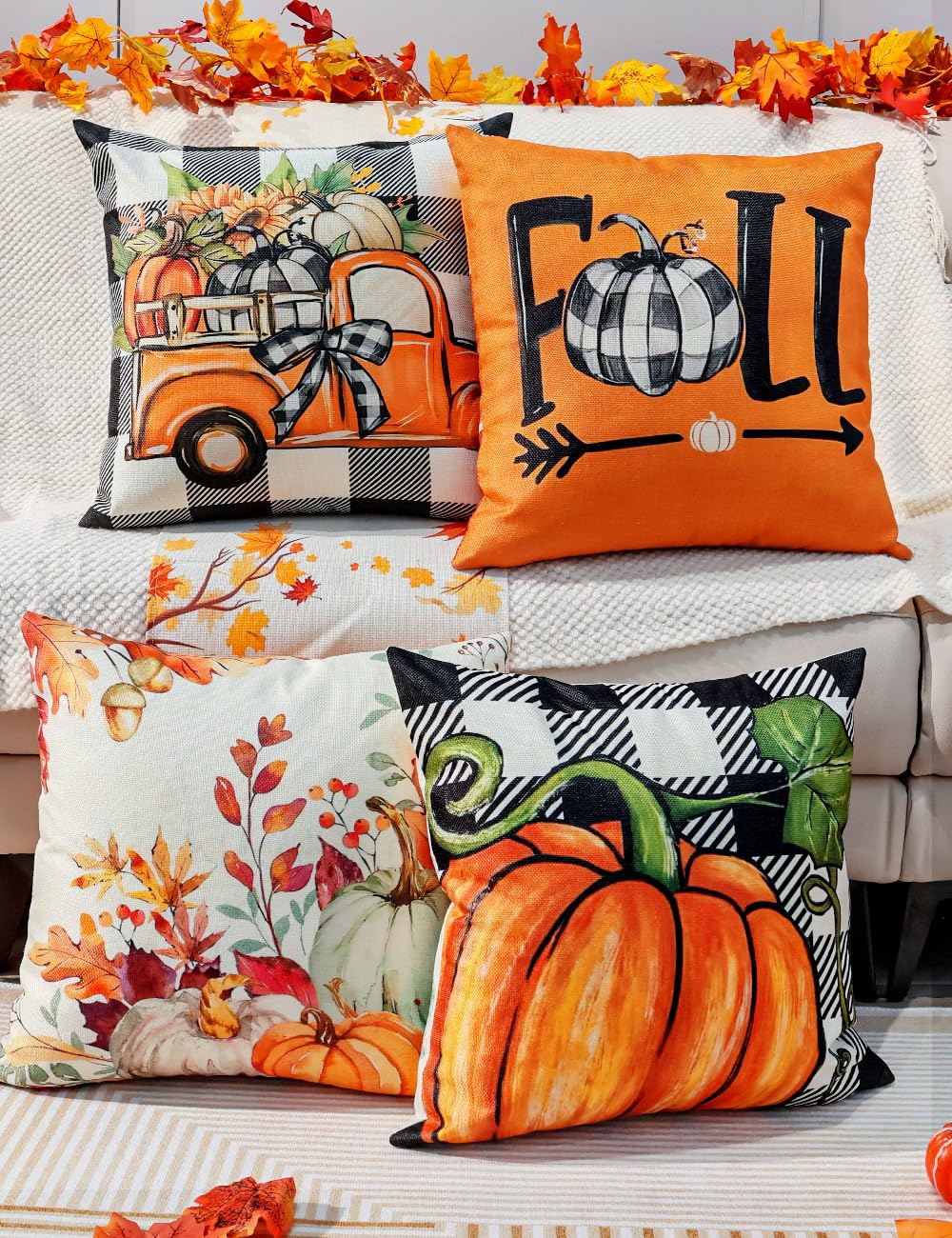 Fall Pillow Covers 20x20 4Pcs Double‐Sided Print Autumn Home Decor