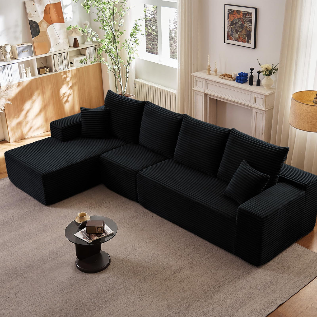 135.4" Cloud Sectional Couch with L-Shape Chaise, Modern Corduroy Boneless Couch, Memory Foam Sofa with Deep Seat, No
