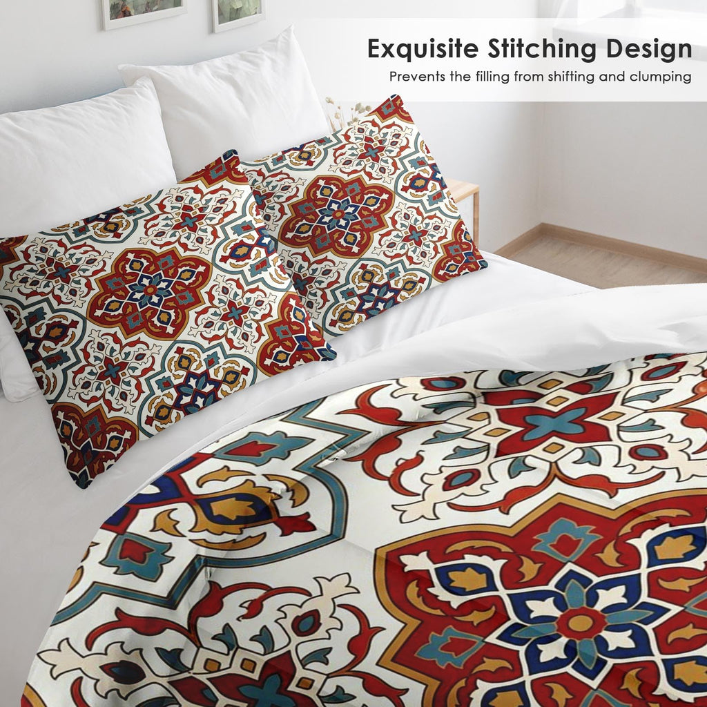 King Comforter Set, 3 Pieces Moroccan Boho Bedding, All Season