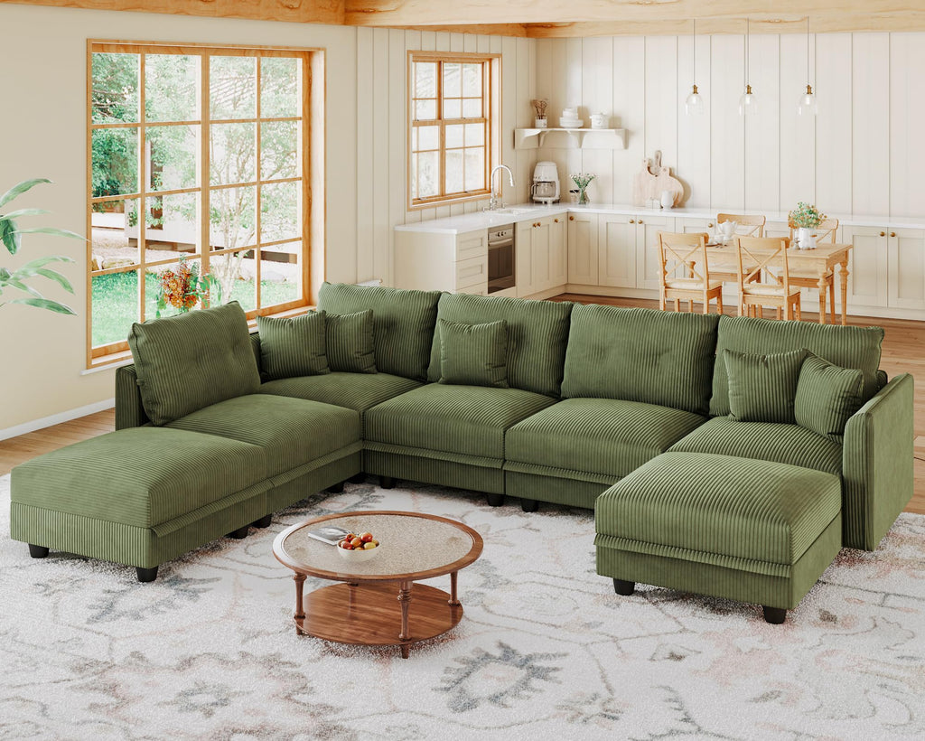 Sectional Sofa Modular Cloud Couch with 7 Storage Seats & 5 Throw Pillows, Corduroy U Shaped Couches, Rearrangable