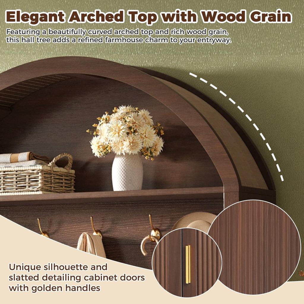 Hall Tree with Bench and Shoe Storage, Farmhouse Hall Tree with 5 Metal Hooks, Mudroom Furniture with Shelves