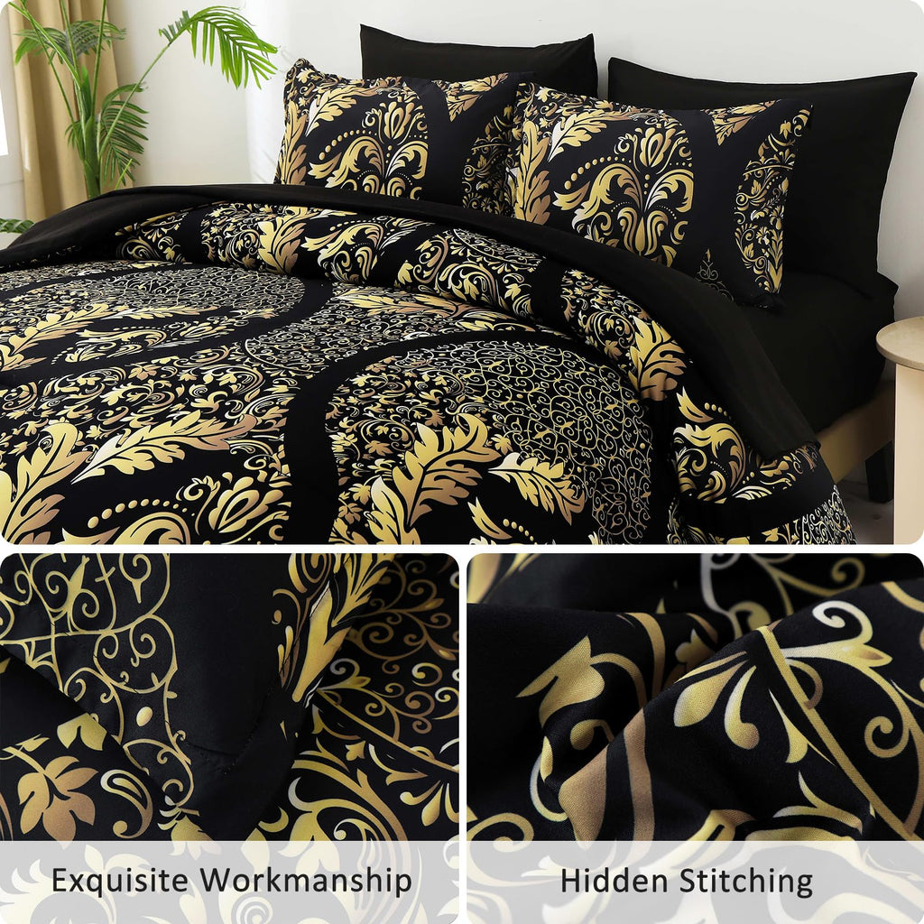 Black Gold Comforter Set Queen Size, 7 Pieces Luxury Bohemian Damask Comforter Set Soft Lightweight Microfiber