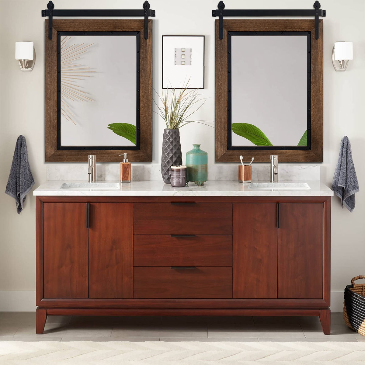 Farmhouse Barn Door Mirror, 32"x24" Rustic Bathroom Mirror, Wood Frame Wall Mirror, Wooden Mirror Bedroom Entryway