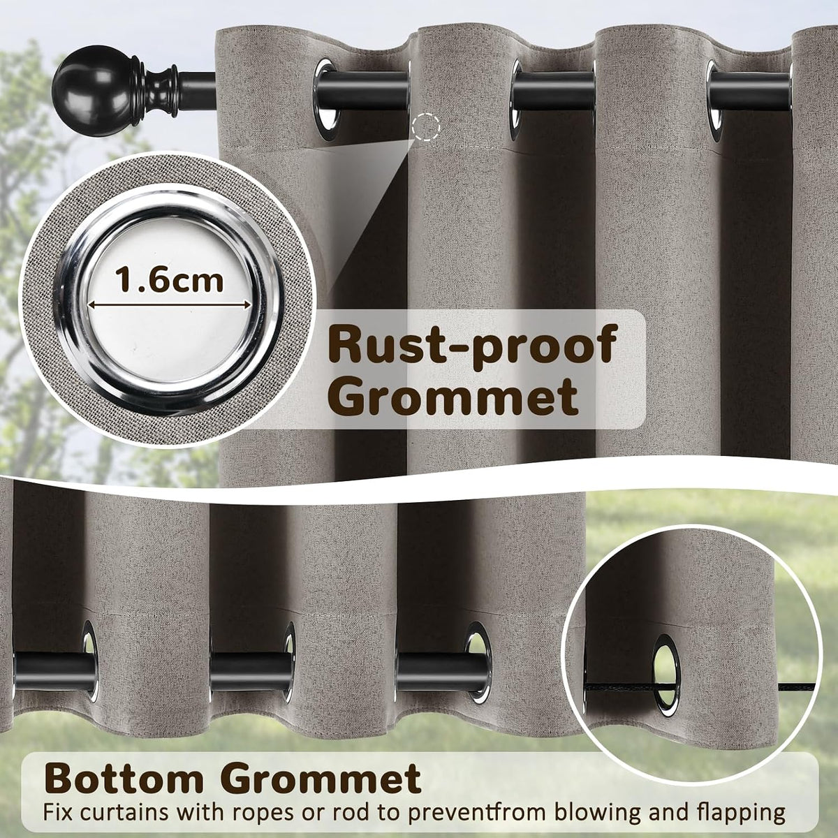 Linen Outdoor Curtains Waterproof with Zipper Blackout Curtains 2 Panels Top & Bottom Grommet Patio Outdoor Privacy