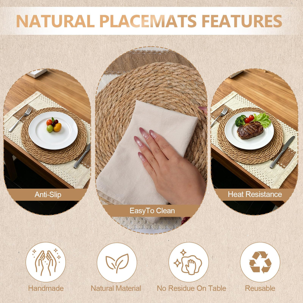 6 Set Boho Table Placemats, Natural Cotton Burlap Woven Mats with Tassels & Bead Napkin Rings, Farmhouse Macrame