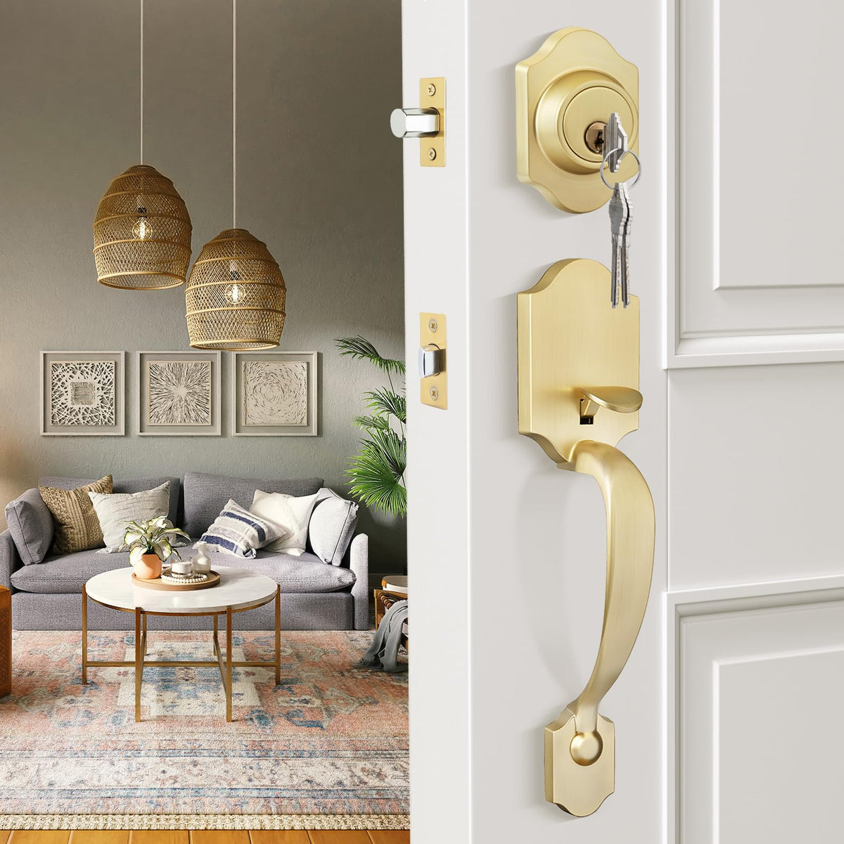 Gold Front Door Handle and Deadbolt Set, Front Door Lock Set