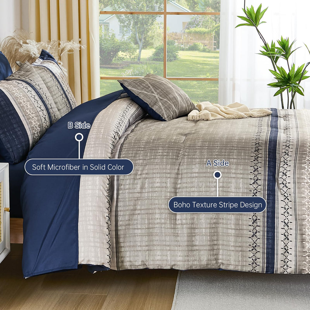 Blue King Comforter Size Set, 8 Pieces Boho Grey Striped Texture Bed in a Bag Sets, Lightweight Soft Bohemian