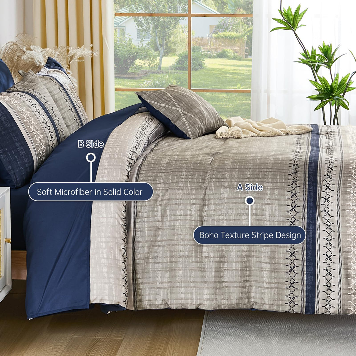 Blue King Comforter Size Set, 8 Pieces Boho Grey Striped Texture Bed in a Bag Sets, Lightweight Soft Bohemian
