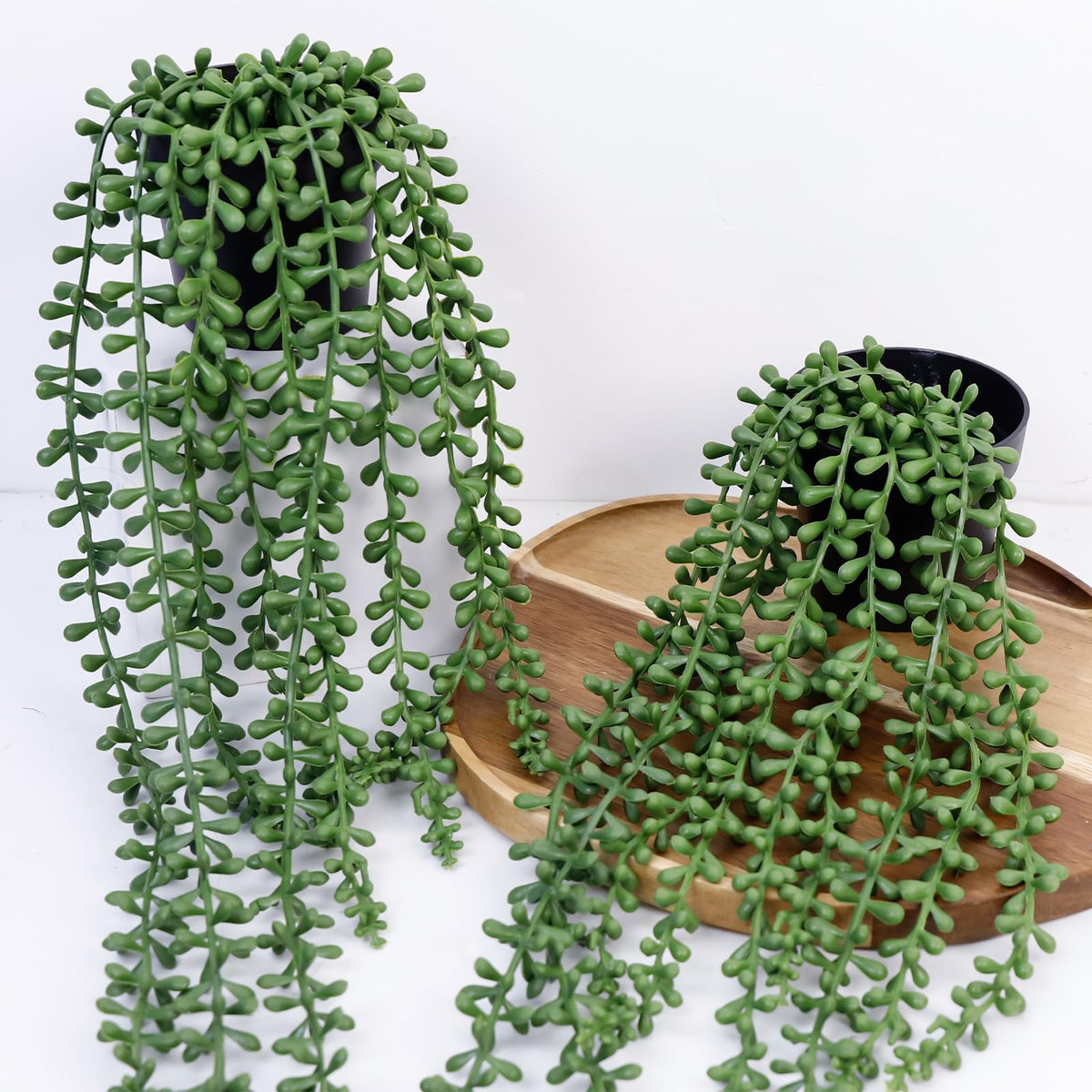 Artificial Hanging Plants for Shelf, 2-Pack Fake Potted Greenery Faux String of Pearls in Black Pot, Décor Living