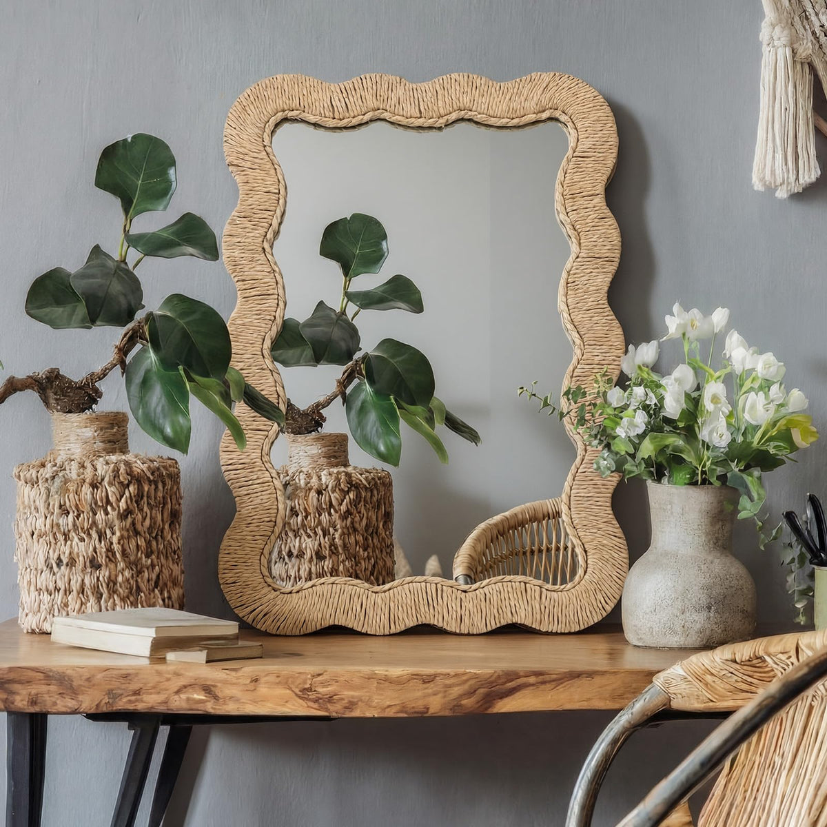 Boho Rattan Mirror, Rectangle, 10.4 x 15.8 in