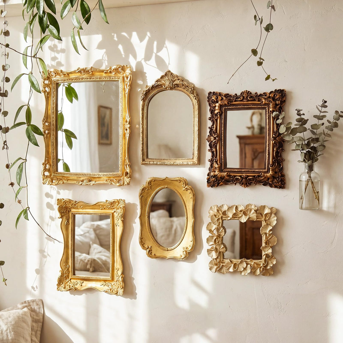 6 Pack Vintage Gold Mirror for Wall Gold Antique Wall Hanging Mirrors Decorative Resin Frame Baroque Style Assorted
