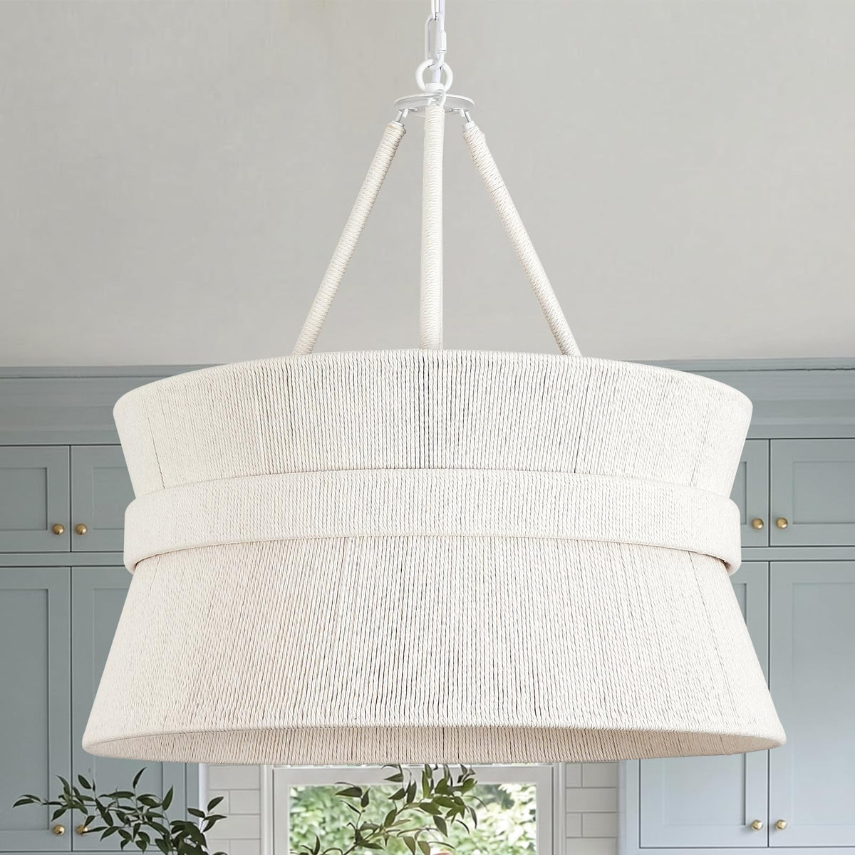 20" Boho Hand Woven Rattan Chandelier, White Coastal Pendant Light 4 Lights