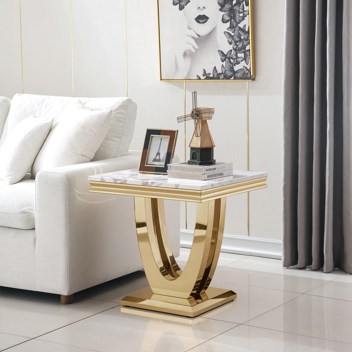Inspired Saarinen Style Marble Luxury Gold Side Table with Geometric U-Shape Stainless Steel Pedestal Modern Square Sofa Side Table White