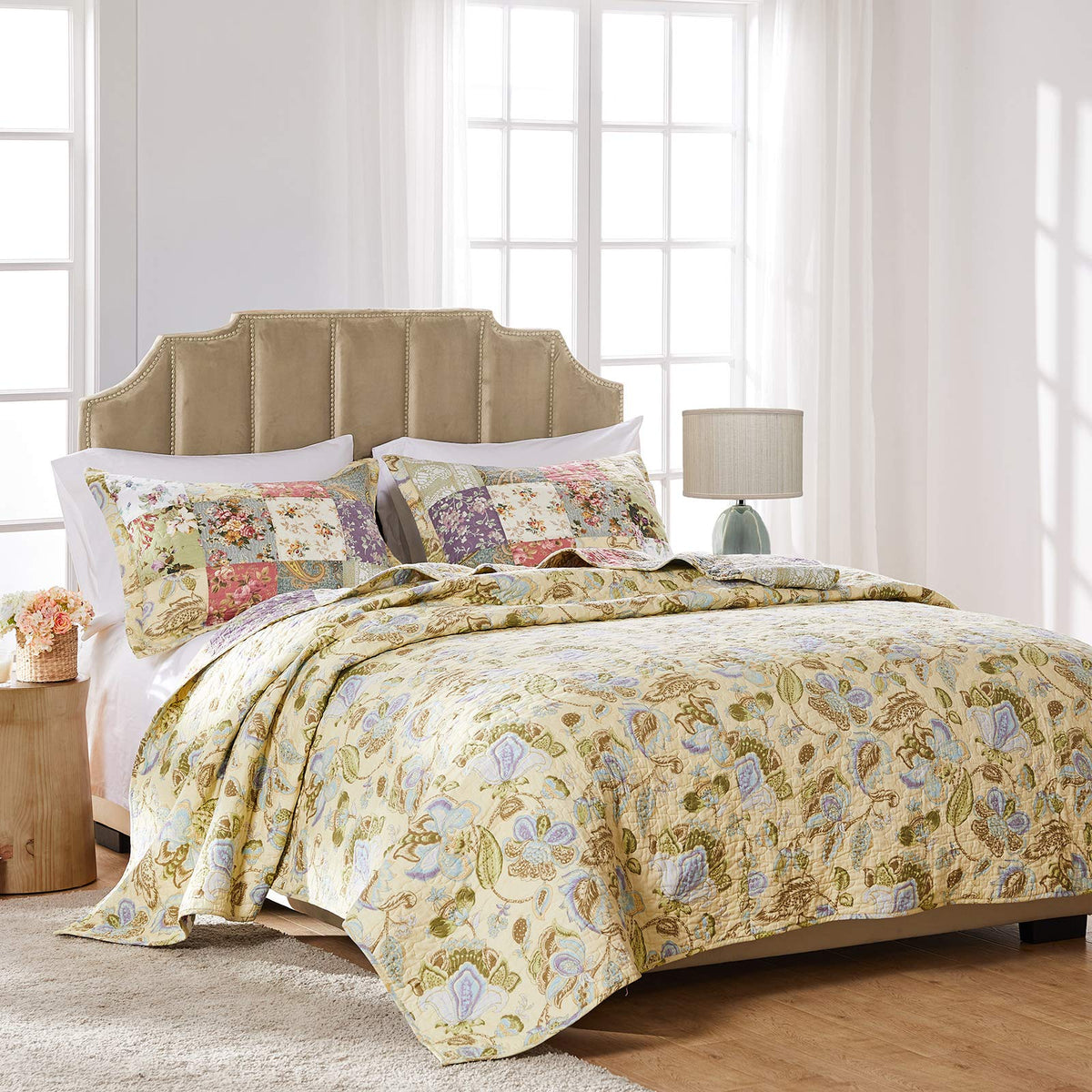 Home Blooming Prairie 100% Cotton Authentic Patchwork Reversible Quilt Set, 3-Piece