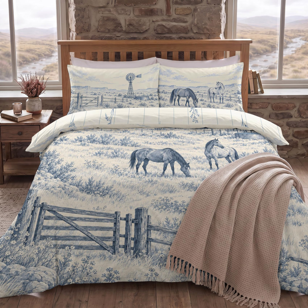 Western Ranch Duvet Cover Set 90x90, Dusty Blue Horse Toile Bedding