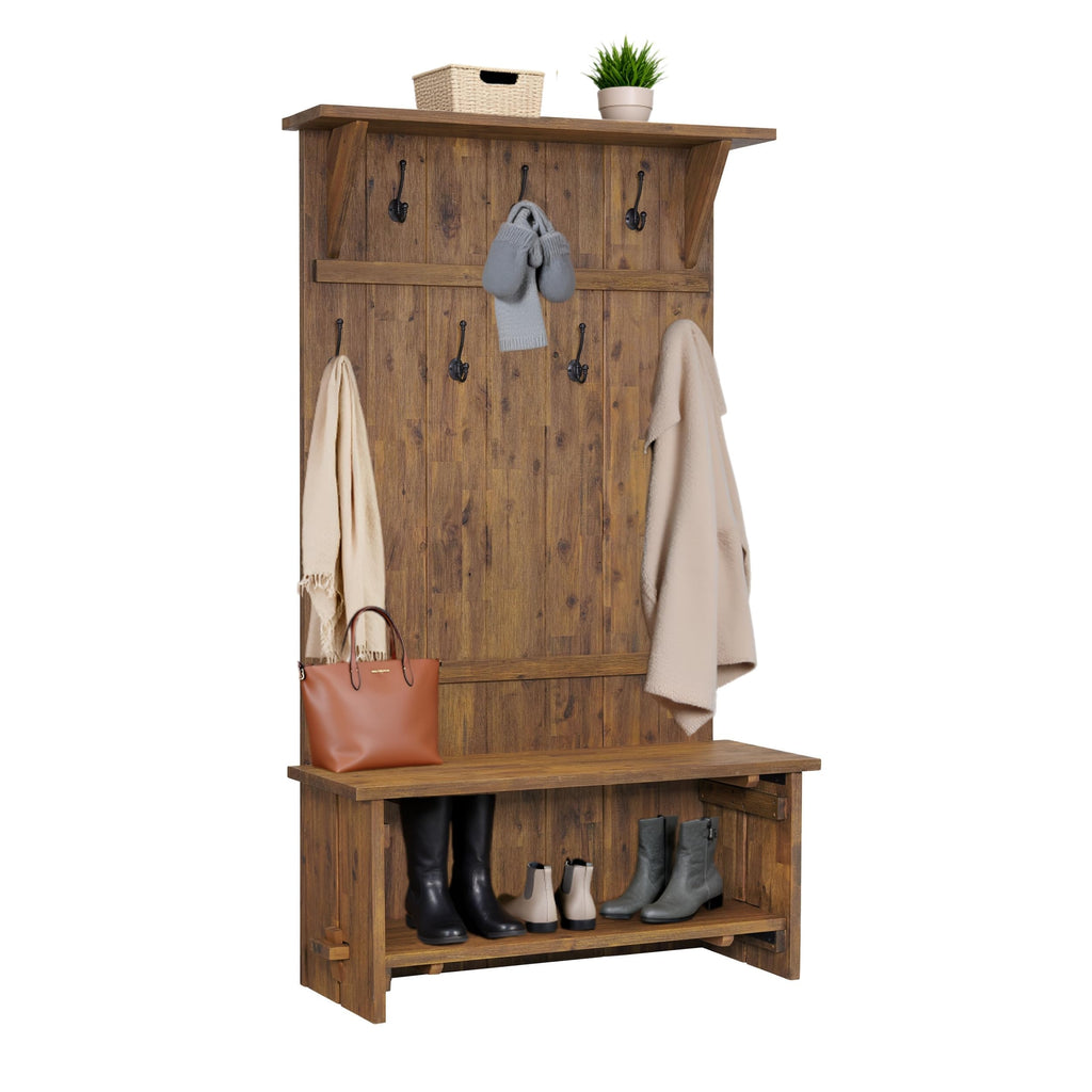 Bethel Rustic Solid Wood Entryway Hall Tree with Bench, Natural