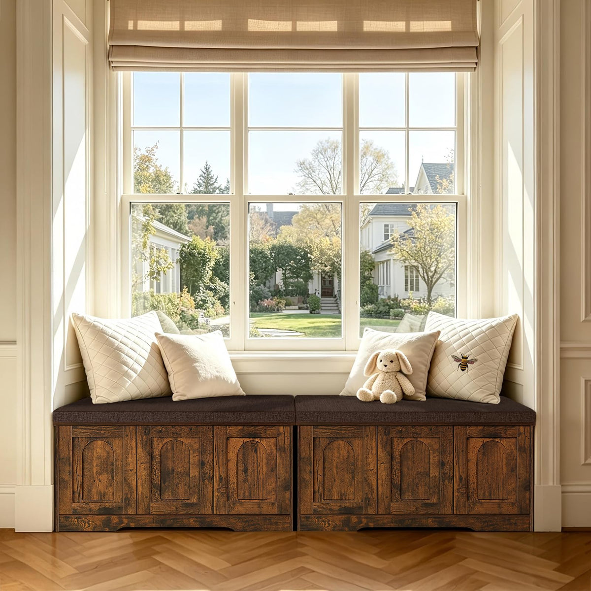 Shoe Storage Bench with Cushion, Door, Rustic Brown 39.4"LX17.7"H