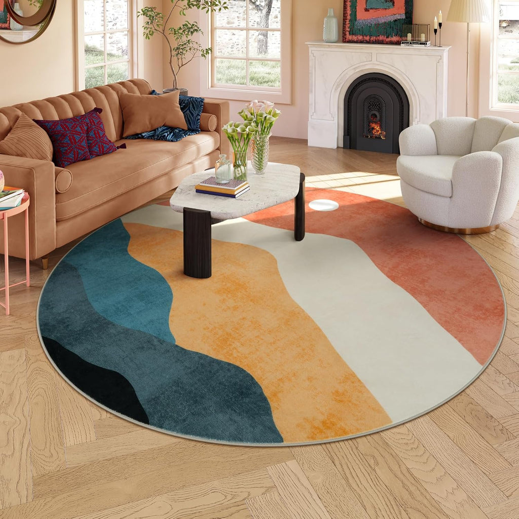 Mountain Round Rugs 8ft, Abstract Circle Rug for Living Room Non Slip Washable Bedroom Area Rug, Soft Extra Large