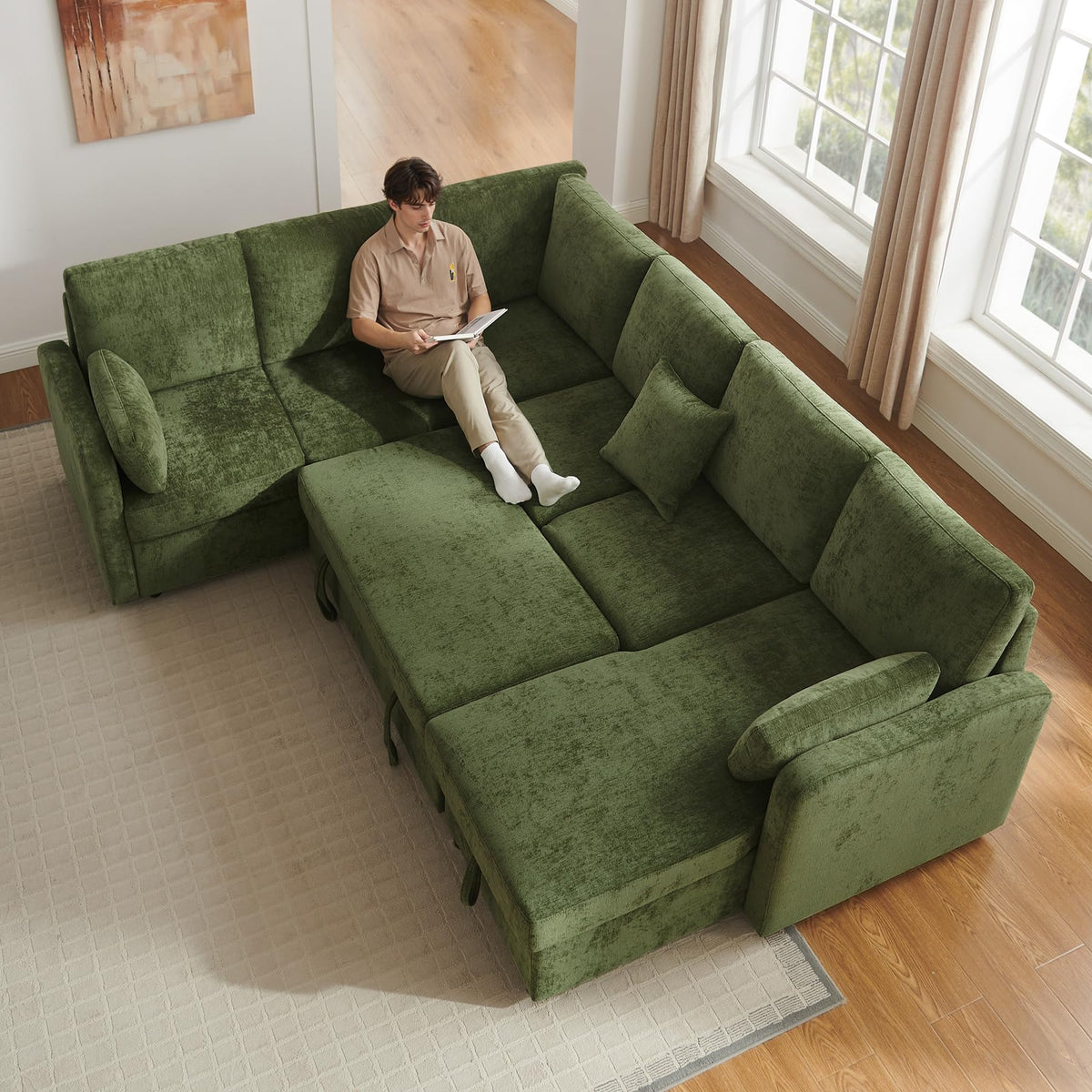 7 Seater 112'' Sectional Sleeper Sofa with Storage, Chenille Olive