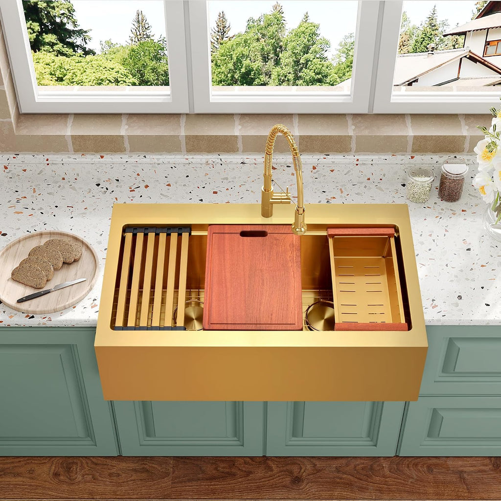 Gold Double Bowls Kitchen Sink, 33" x 22" Drop Sink, 50/50 Double Bowls Farm Sink, 16 Gauge Stainless Steel